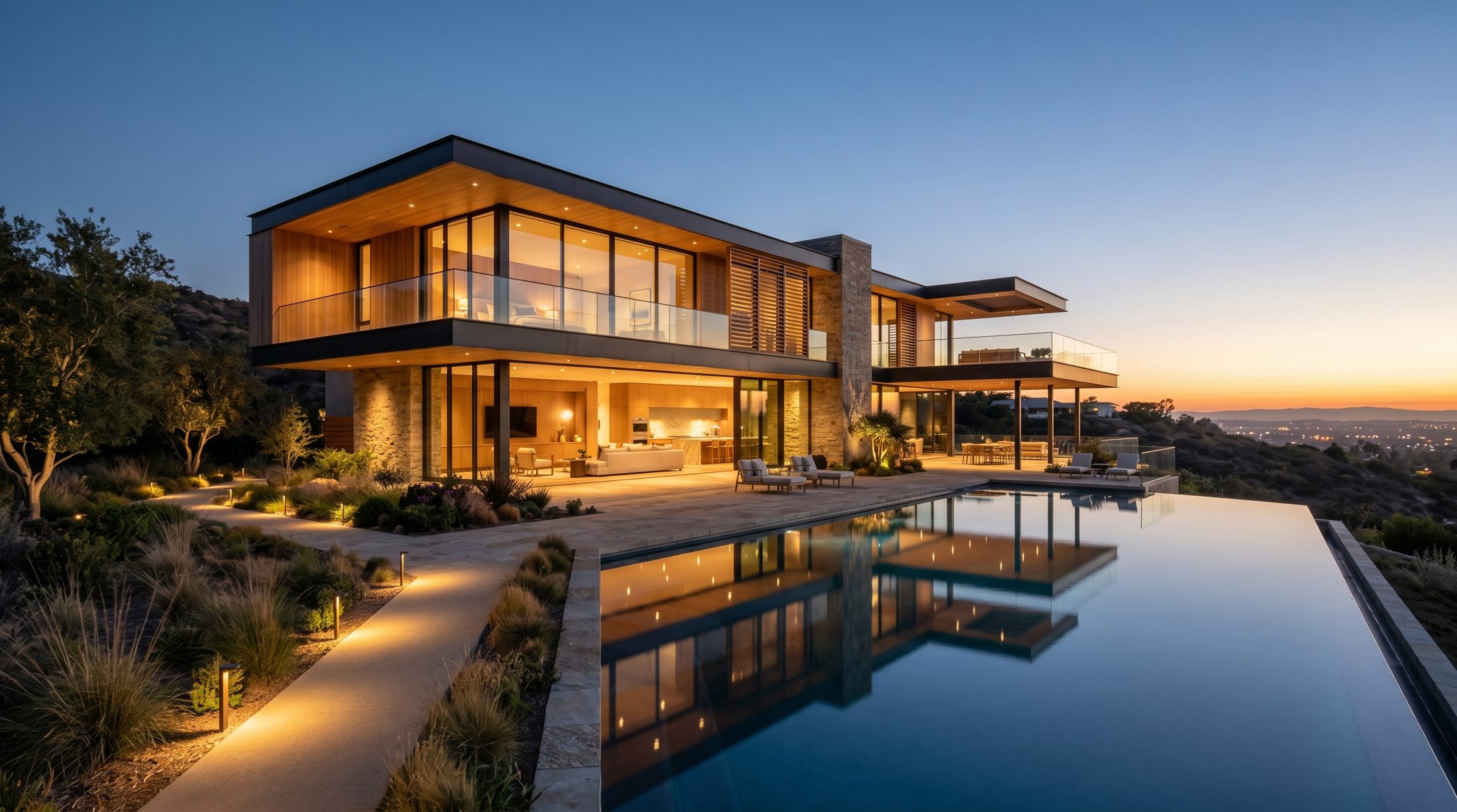 Modern luxury home at twilight